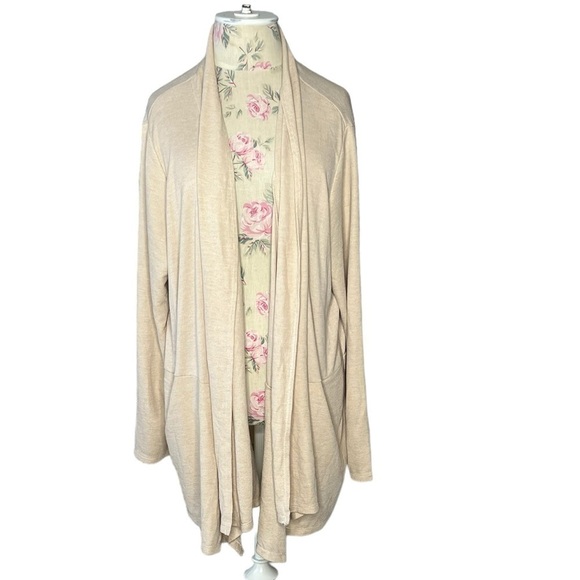 LOGO Lounge Duster Cardigan long length, beige, plus size, cozy travel size 2X - Picture 10 of 16